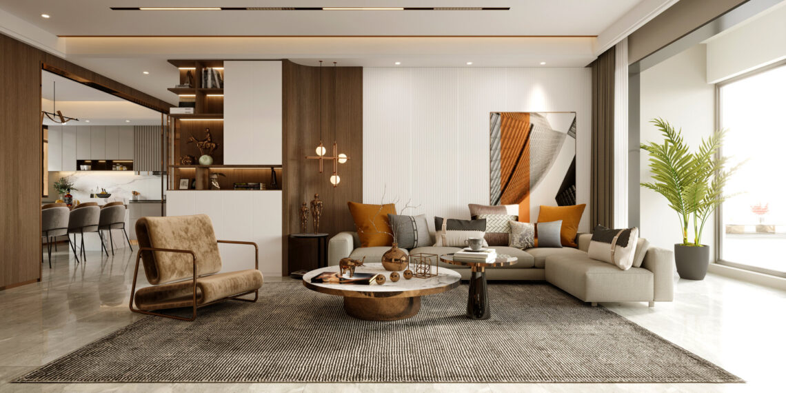 3D-Darstellung von Luxus-Wohninterieur, Wohnzimmer mit moderner Inneneinrichtung.