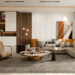 3D-Darstellung von Luxus-Wohninterieur, Wohnzimmer mit moderner Inneneinrichtung.