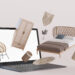 Laptop mit fliegenden Rattanmöbeln im Boho-Stil, Symbol für das Online einkaufen, E-Commerce.